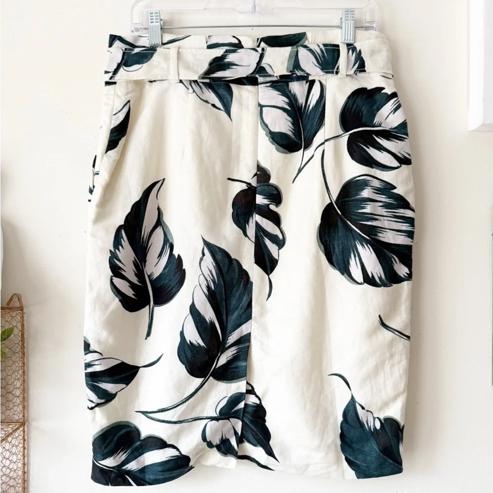 Ann Taylor Ivory Teal Leaves Linen Blend Tie Waist Pencil Skirt Size 8 Petite - Picture 3 of 16